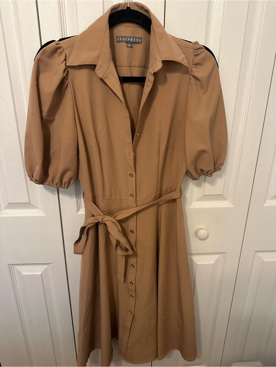 Sharagano Dresses & Skirts - Sharagano Camel Tan Puff-Sleeve Shirt Dress